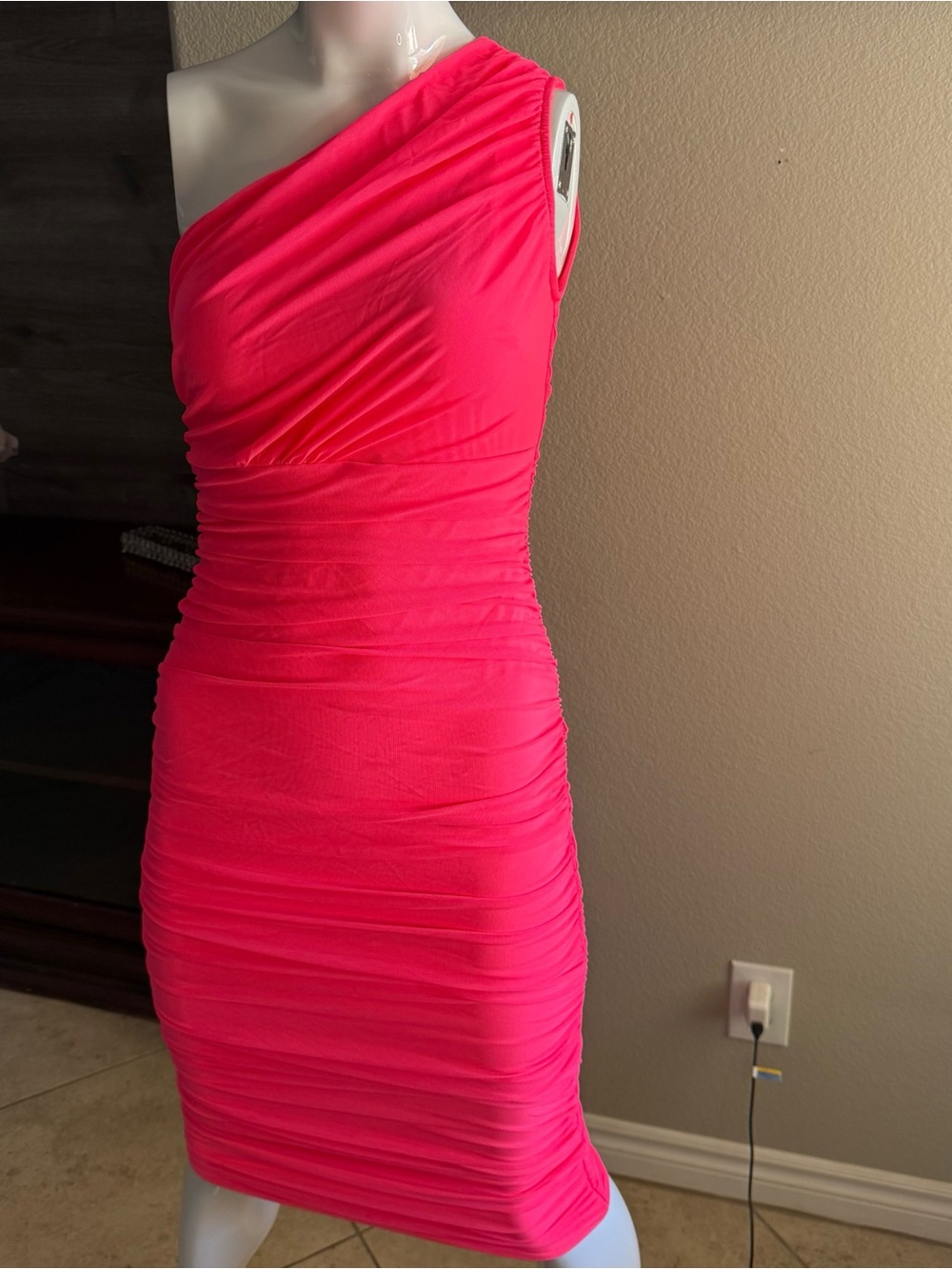 Boutique Gathered One Shoulder Neon Pink Dress XS